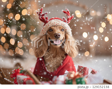 Joyful cocker dog in a festive Christmas scene with snow, gifts, and reindeer antlers 129152138