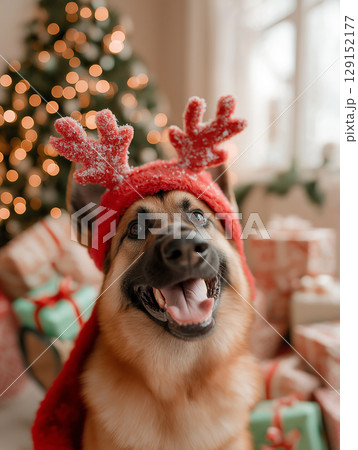 Festive German Shepherd dog with reindeer hat, lights, and gifts in a joyful Christmas setting 129152177