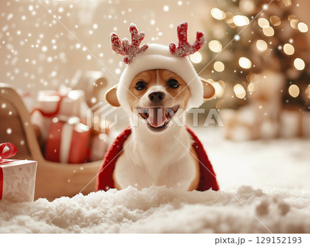 dog enjoying Christmas snow, happy and festive winter holiday pet with Santa hat 129152193