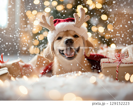 Adorable Labrador Puppy with Reindeer Antlers in Christmas Holiday Celebration 129152223