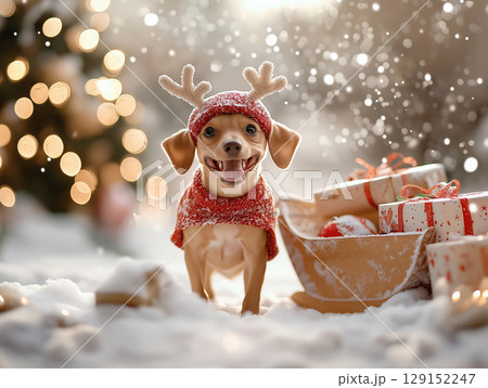 Festive Chihuahua dressed as a reindeer in Christmas snow with presents and bokeh lights 129152247