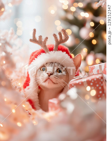 Adorable cat dressed as Santa with festive lights, perfect for Christmas stock image search. 129152347