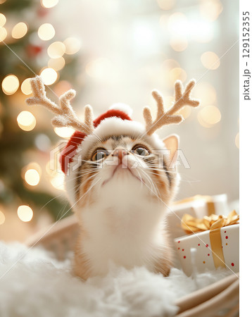 Adorable Christmas kitten with reindeer hat, festive lights and gifts creating a cute holiday scene 129152355