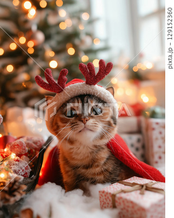 Adorable kitten with Santa hat and Christmas lights during festive winter holiday celebration Adorable kitten with Santa hat and Christmas lights during festive winter holiday celebration 129152360