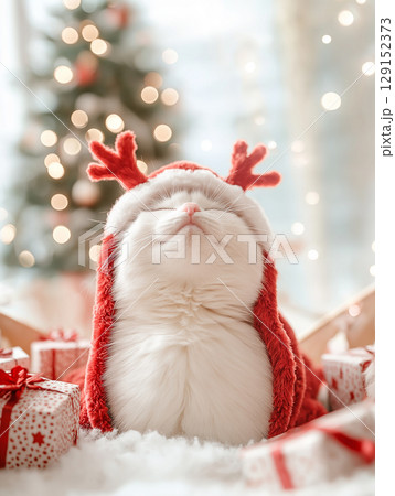 Cute Persian cat in Christmas attire surrounded by gifts and festive lights in a snowy setting Cute Persian cat in Christmas attire surrounded by gifts and festive lights in a snowy setting 129152373