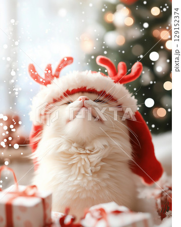 Festive Ragdoll cat in Santa hat with Christmas gifts, snow, and tree in cozy winter holiday scene Festive Ragdoll cat in Santa hat with Christmas gifts, snow, and tree in cozy winter holiday scene 129152374