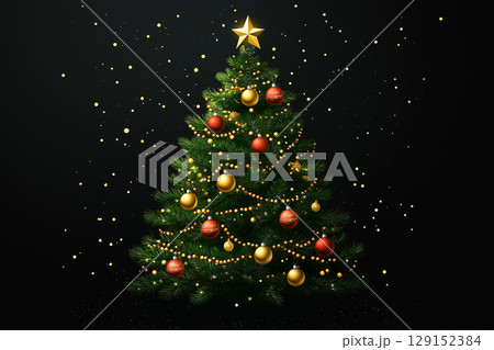 Christmas tree adorned with decorations, gold star, and red ornaments for a festive holiday Christmas tree adorned with decorations, gold star, and red ornaments for a festive holiday 129152384