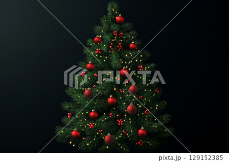 Christmas tree decorated with festive lights and holiday ornaments, featuring red and green hues 129152385