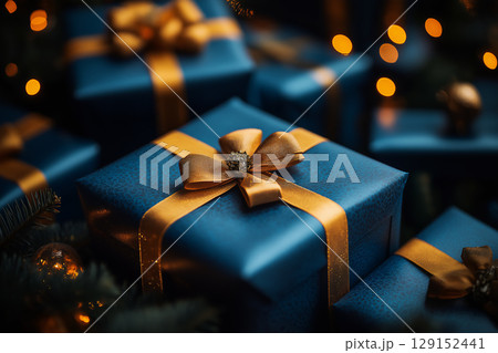Gift boxes with ribbon, holiday celebration with blue and gold present, Christmas decorations. Gift boxes with ribbon, holiday celebration with blue and gold present, Christmas decorations. 129152441