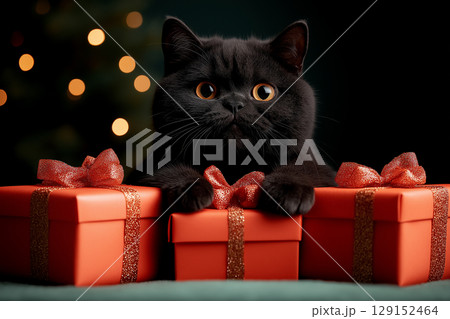 Festive black British Shorthair cat with Christmas gifts and decorations, perfect holiday celebration photo 129152464