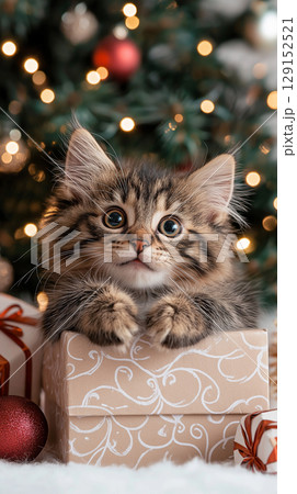 Adorable Kitten Christmas Gift Box Under Tree with Lights and Decorations 129152521