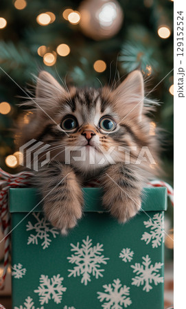 Adorable kitten in a Christmas gift box with lights, perfect for holiday celebrations 129152524