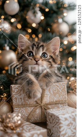 Cute tabby kitten gift with ornaments under Christmas tree, festive and adorable holiday scene 129152525