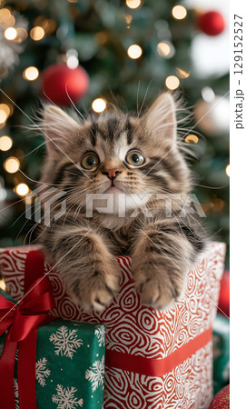 NorwegianForest kitten peeking from Christmas gift with lights and ribbons in festive holiday scene 129152527