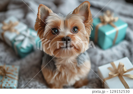 Yorkshire dog with Christmas gifts, cute canine puppy in festive setting with presents 129152530