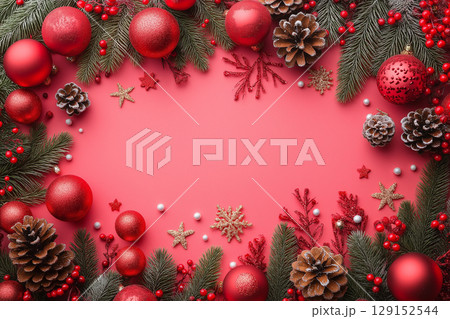 Christmas red decorations with ornaments and pinecones for a festive holiday seasonal celebration 129152544