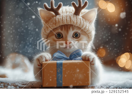 Cute tabby kitten with a gift box under snow, perfect Christmas holiday image search 129152545