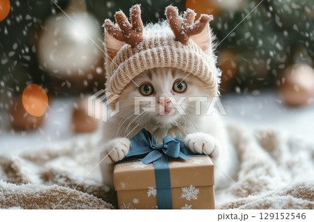 Cute kitten with a hat and gift in snow, perfect for Christmas and winter holiday themes. 129152546