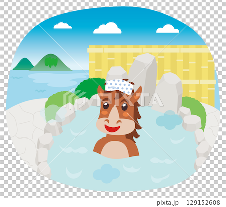 A horse soaking in an open-air bath with a view of the sea 129152608