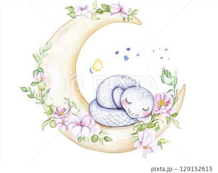 Serene sleeping snake on a crescent moon with floral and pastel illustration 129152615