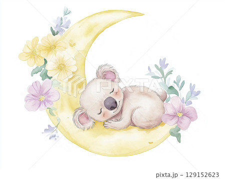 Cute koala sleeping on a moon with flowers: whimsical illustration of a dreamy scene Cute koala sleeping on a moon with flowers: whimsical illustration of a dreamy scene 129152623
