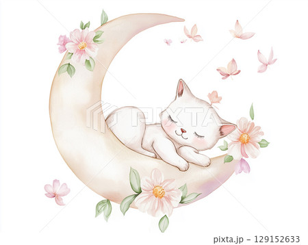 Adorable cat sleeping on a floral moon in a cute, whimsical illustration with pastel flowers Adorable cat sleeping on a floral moon in a cute, whimsical illustration with pastel flowers 129152633