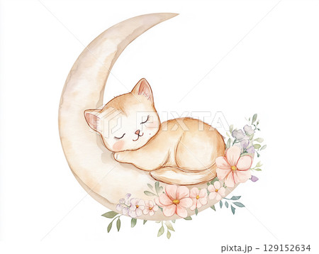 Adorable Siamese kitten sleeps on the moon with flowers, creating a cute and floral night scene 129152634