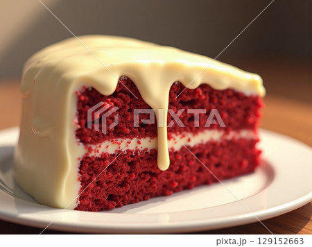 Macro View of a Red Velvet Cake Slice with Melting Cream Cheese Frosting 129152663