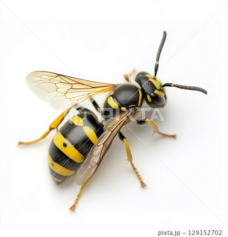 Closeup macro of a black and yellow wasp, highlighted against nature with wings and antenna Closeup macro of a black and yellow wasp, highlighted against nature with wings and antenna 129152702