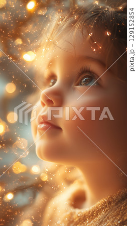 baby against blurred Christmas tree, New Year, banner with copy space 129152854