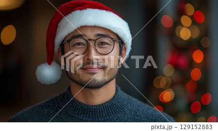 Asian man, cosmetology, beauty, festive makeup, Merry Christmas and Happy New Year, banner with copy space 129152883