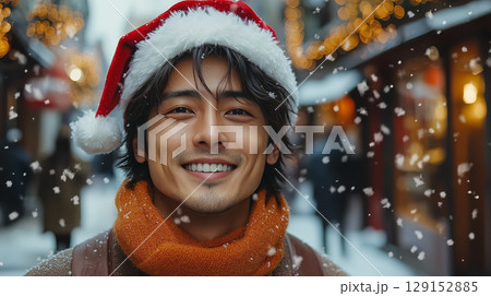 Asian man, cosmetology, beauty, festive makeup, Merry Christmas and Happy New Year, banner with copy space 129152885
