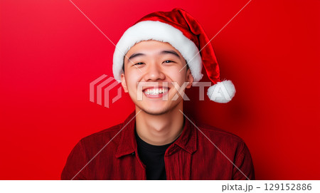 Asian man, cosmetology, beauty, festive makeup, Merry Christmas and Happy New Year, banner with copy space 129152886