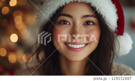 Beautiful asian woman, cosmetology, beauty, festive makeup, Merry Christmas and Happy New Year, banner with copy space 129152887