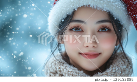 Beautiful asian woman, cosmetology, beauty, festive makeup, Merry Christmas and Happy New Year, banner with copy space 129152889