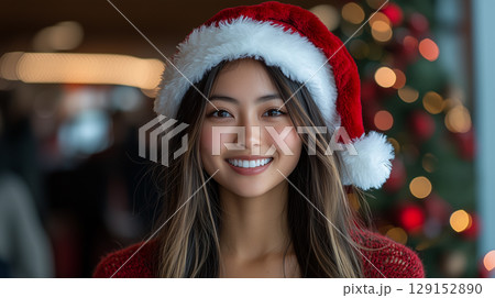 Beautiful asian woman, cosmetology, beauty, festive makeup, Merry Christmas and Happy New Year, banner with copy space 129152890