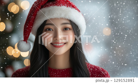 Beautiful asian woman, cosmetology, beauty, festive makeup, Merry Christmas and Happy New Year, banner with copy space 129152891