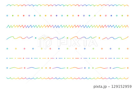 カラフルなドットや波線やギザギザの手描きでかわいい罫線セットイラスト カラフルなドットや波線やギザギザの手描きでかわいい罫線セットイラスト 129152959