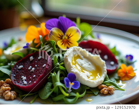 Macro Composition of Gourmet Salad with Beetroot and Edible Flowers 129152970