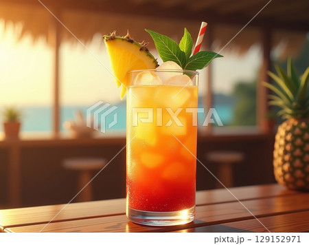 Tropical Mocktail Drink with Pineapple and Mint in Golden Hour Light 129152971