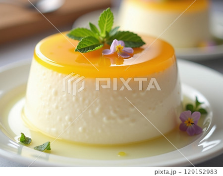 Smooth Vanilla Panna Cotta with Mango Topping and Mint Garnish 129152983