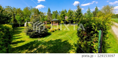 A Beautifully Lush Green Garden Featuring a Gazebo and Various Trees Beneath a Clear Blue Sky A Beautifully Lush Green Garden Featuring a Gazebo and Various Trees Beneath a Clear Blue Sky 129153097