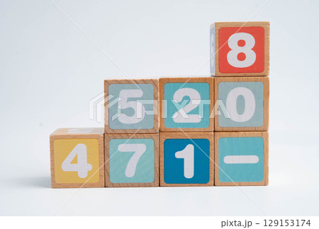 Number wood block cubes for learning Mathematic, education math. 129153174