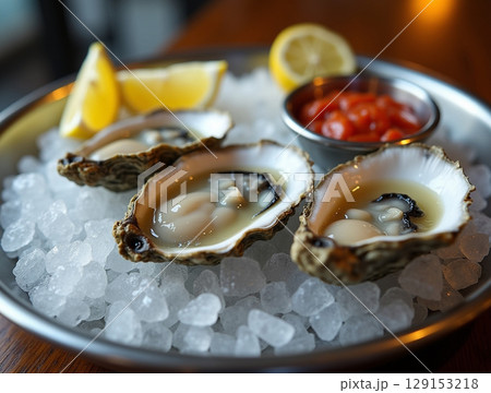 Freshly Shucked Oysters Served on Crushed Ice and Lemon 129153218