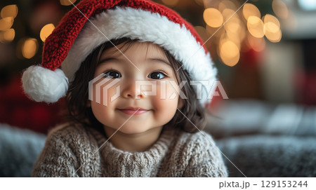 Banner with copy space, New Year, Christmas, Asian child 129153244