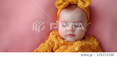 Newborn baby sleeping on a pink background. Copy space, banner. Realistic illustration, Generative AI content Newborn baby sleeping on a pink background. Copy space, banner. Realistic illustration, Generative AI content 129153296