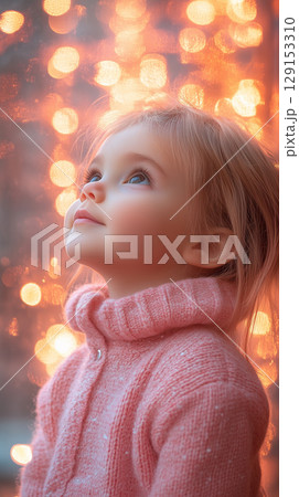 baby against blurred Christmas tree, New Year, banner 129153310