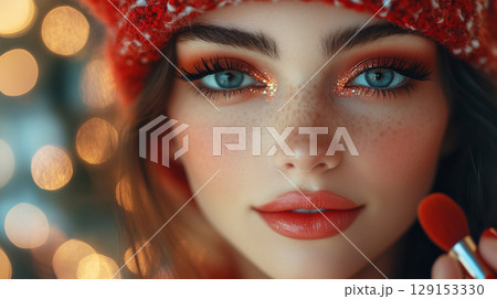 Beautiful woman, cosmetology, beauty, festive makeup, Merry Christmas and Happy New Year, banner with copy space 129153330