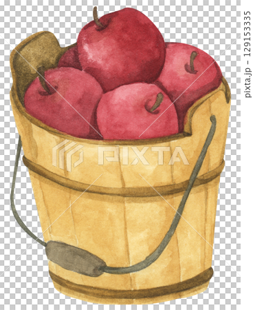 Fresh Apples in Vintage Wooden Bucket. Red Fruits, Wooden Barrel, Autumn Harvest Decor. Organic Farm and Garden. Watercolor Autumn Farmhouse Food Illustration for Thanksgiving. Fresh Apples in Vintage Wooden Bucket. Red Fruits, Wooden Barrel, Autumn Harvest Decor. Organic Farm and Garden. Watercolor Autumn Farmhouse Food Illustration for Thanksgiving. 129153335