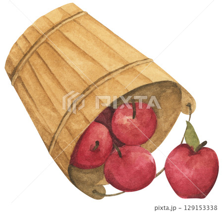 Fresh Apples in Vintage Wooden Bucket. Red Fruits, Wooden Barrel, Autumn Harvest Decor. Organic Farm and Garden. Watercolor Autumn Farmhouse Food Illustration for Thanksgiving. Fresh Apples in Vintage Wooden Bucket. Red Fruits, Wooden Barrel, Autumn Harvest Decor. Organic Farm and Garden. Watercolor Autumn Farmhouse Food Illustration for Thanksgiving. 129153338